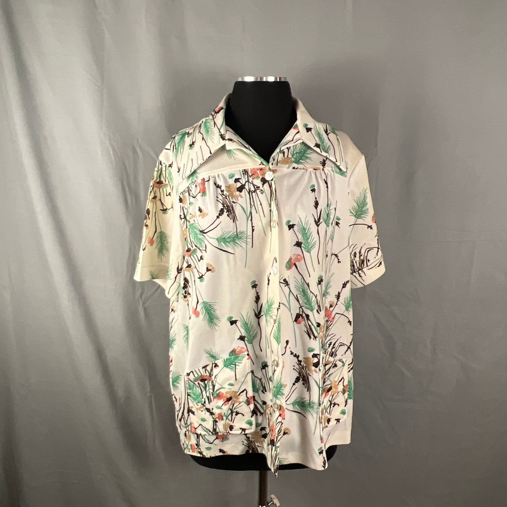 Vintage Smartique Shirt Womens 42 Beige Botanical Print Short Sleeve Button Up